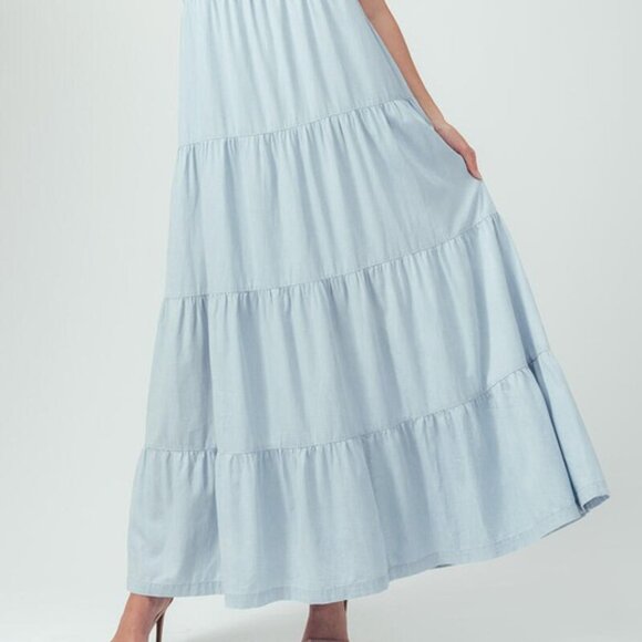 Casual Sleeveless Denim Maxi Dress - Babydoll Ruffle Long Dress - Picture 4 of 6